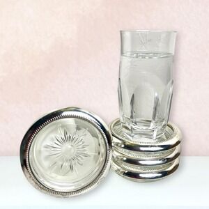 VTG Italian Mid-Century Leonard SilverPlate Art Deco Crystal Coasters Set of 4